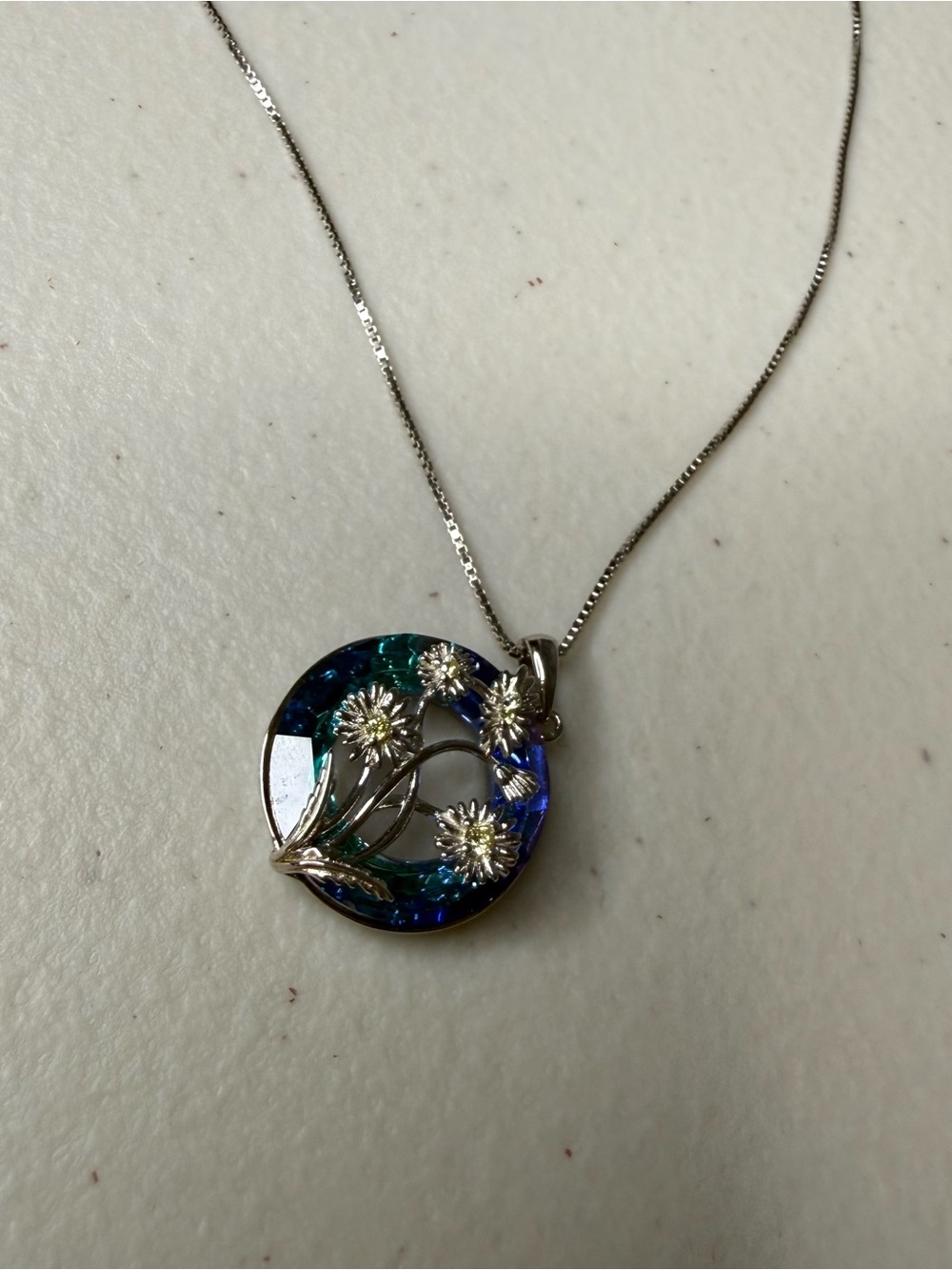 Italy 925 Sterling Silver Blue Iridescent Floral Pendant Necklace S925 - Picture 3 of 12